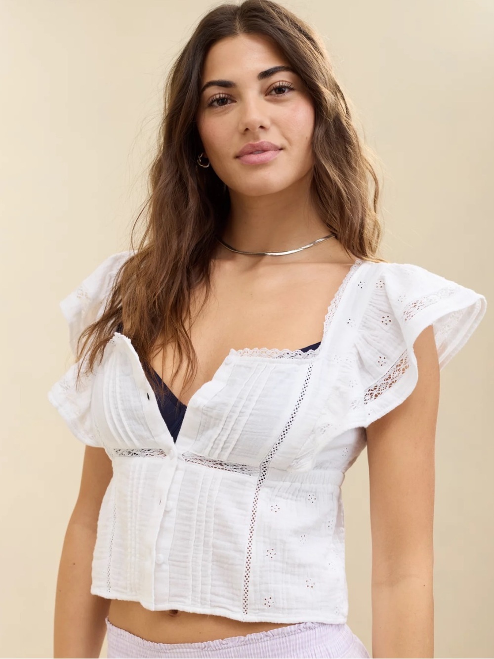 Aerie White Eyelet Button-Front Ruffle Sleeve Top Size Large